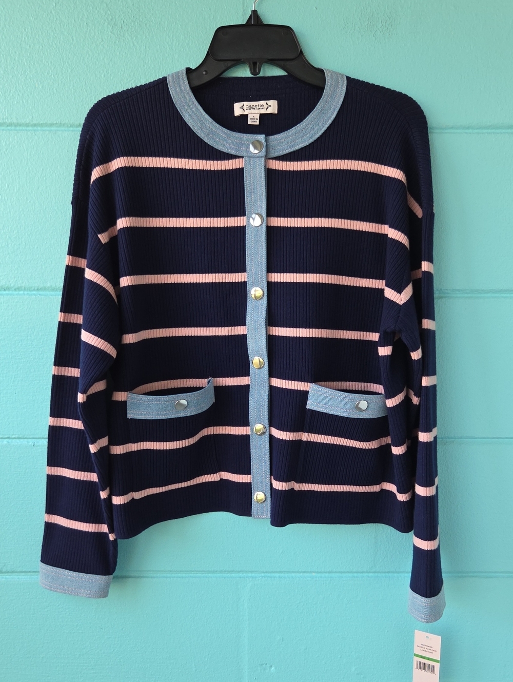 NWT " Nanette Lepore" Denim Trim Stripe Ribbed Cardigan Woman's Size Large - Picture 3 of 9